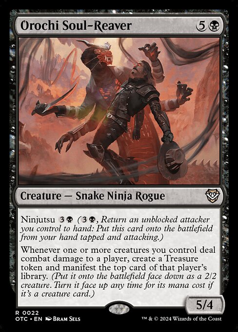 Ninjutsu {3}{B} ({3}{B}, Return an unblocked attacker you control to hand: Put this card onto the battlefield from your hand tapped and attacking.)
Whenever one or more creatures you control deal combat damage to a player, create a Treasure token and manifest the top card of that player's library. (Put it onto the battlefield face down as a 2/2 creature. Turn it face up any time for its mana cost if it's a creature card.)