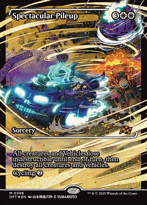 All creatures and Vehicles lose indestructible until end of turn, then destroy all creatures and Vehicles.
Cycling {2} ({2}, Discard this card: Draw a card.)