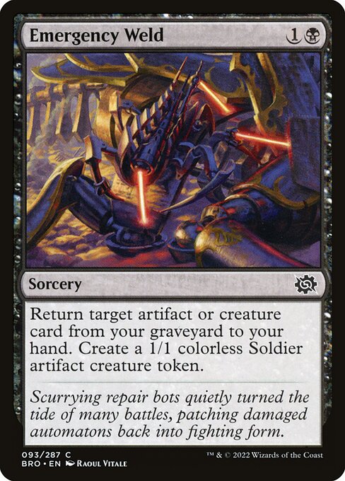 Return target artifact or creature card from your graveyard to your hand. Create a 1/1 colorless Soldier artifact creature token.