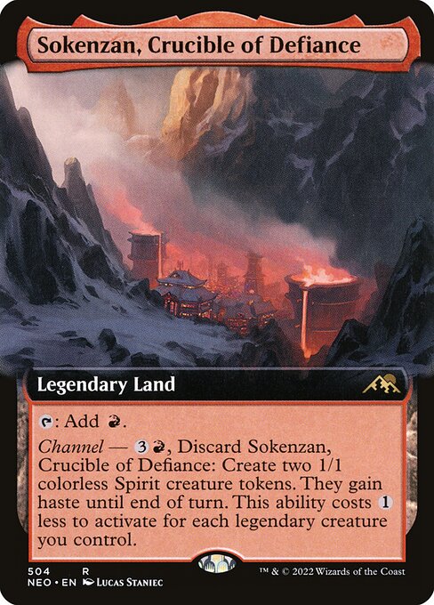 {T}: Add {R}.
Channel — {3}{R}, Discard Sokenzan, Crucible of Defiance: Create two 1/1 colorless Spirit creature tokens. They gain haste until end of turn. This ability costs {1} less to activate for each legendary creature you control.