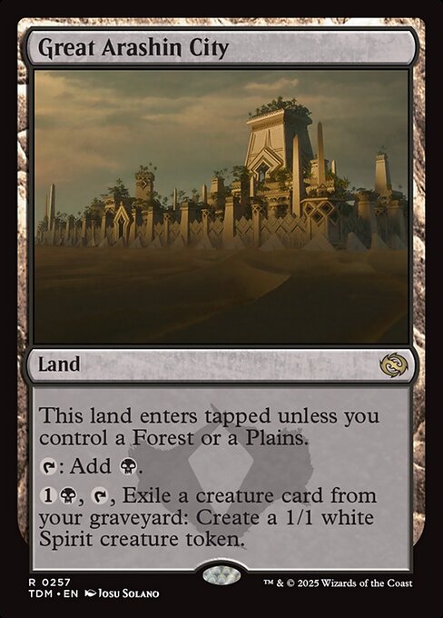 This land enters tapped unless you control a Forest or a Plains.
{T}: Add {B}.
{1}{B}, {T}, Exile a creature card from your graveyard: Create a 1/1 white Spirit creature token.