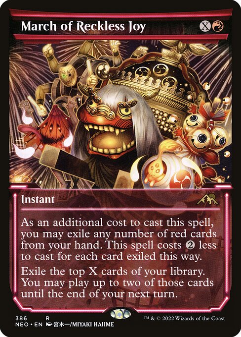 As an additional cost to cast this spell, you may exile any number of red cards from your hand. This spell costs {2} less to cast for each card exiled this way.
Exile the top X cards of your library. You may play up to two of those cards until the end of your next turn.