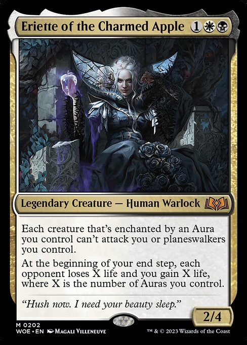 Each creature that's enchanted by an Aura you control can't attack you or planeswalkers you control.
At the beginning of your end step, each opponent loses X life and you gain X life, where X is the number of Auras you control.