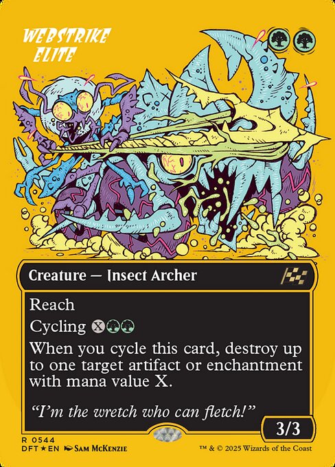 Reach
Cycling {X}{G}{G} ({X}{G}{G}, Discard this card: Draw a card.)
When you cycle this card, destroy up to one target artifact or enchantment with mana value X.