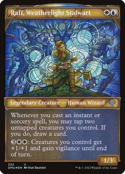 Whenever you cast an instant or sorcery spell, you may tap two untapped creatures you control. If you do, draw a card.
{3}{W}{W}: Creatures you control get +1/+1 and gain vigilance until end of turn.