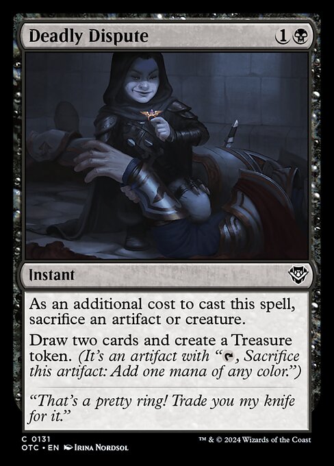 As an additional cost to cast this spell, sacrifice an artifact or creature.
Draw two cards and create a Treasure token. (It's an artifact with "{T}, Sacrifice this artifact: Add one mana of any color.")