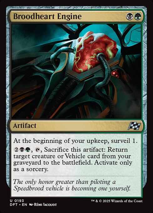 At the beginning of your upkeep, surveil 1.
{2}{B}{G}, {T}, Sacrifice this artifact: Return target creature or Vehicle card from your graveyard to the battlefield. Activate only as a sorcery.