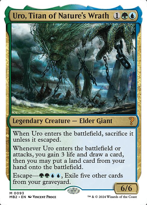 When Uro enters, sacrifice it unless it escaped.
Whenever Uro enters or attacks, you gain 3 life and draw a card, then you may put a land card from your hand onto the battlefield.
Escape—{G}{G}{U}{U}, Exile five other cards from your graveyard. (You may cast this card from your graveyard for its escape cost.)