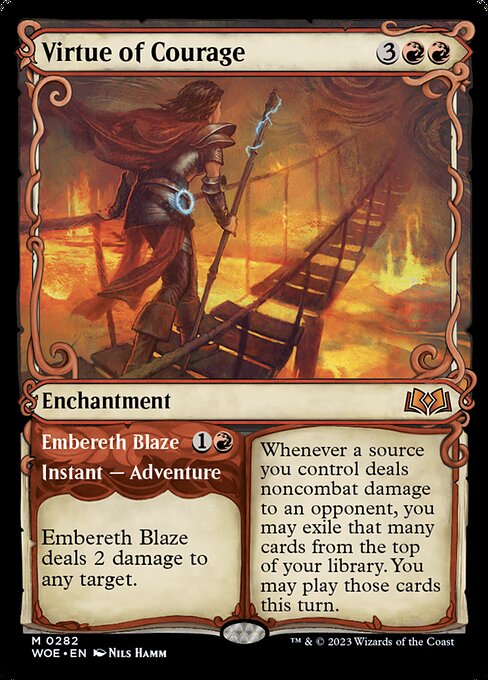 Whenever a source you control deals noncombat damage to an opponent, you may exile that many cards from the top of your library. You may play those cards this turn.   Embereth Blaze deals 2 damage to any target. (Then exile this card. You may cast the enchantment later from exile.)