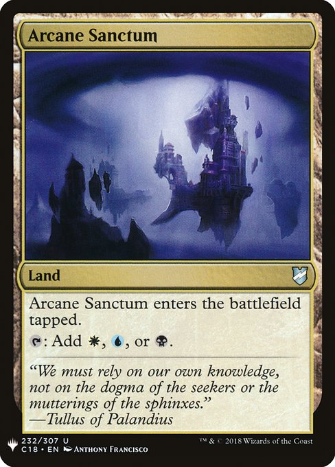 Arcane Sanctum enters the battlefield tapped.
{T}: Add {W}, {U}, or {B}.