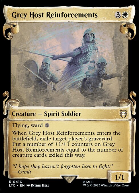Flying, ward {3}
When Grey Host Reinforcements enters the battlefield, exile target player's graveyard. Put a number of +1/+1 counters on Grey Host Reinforcements equal to the number of creature cards exiled this way.