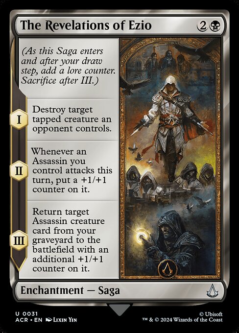 (As this Saga enters and after your draw step, add a lore counter. Sacrifice after III.)
I — Destroy target tapped creature an opponent controls.
II — Whenever an Assassin you control attacks this turn, put a +1/+1 counter on it.
III — Return target Assassin creature card from your graveyard to the battlefield with an additional +1/+1 counter on it.