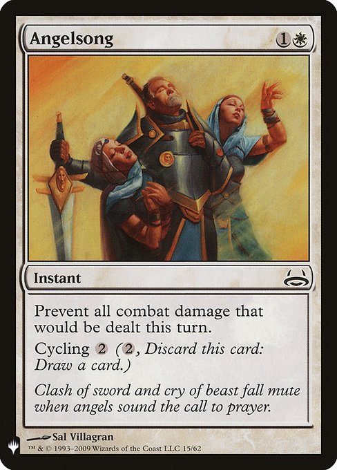 Prevent all combat damage that would be dealt this turn.
Cycling {2} ({2}, Discard this card: Draw a card.)
