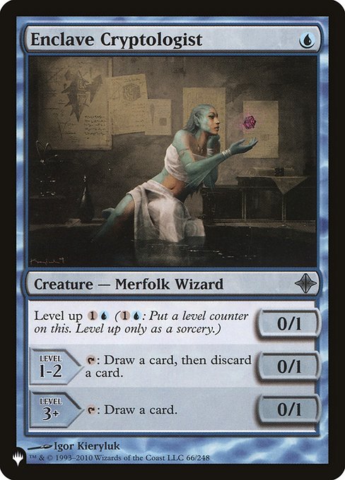 Level up {1}{U} ({1}{U}: Put a level counter on this. Level up only as a sorcery.)
LEVEL 1-2
0/1
{T}: Draw a card, then discard a card.
LEVEL 3+
0/1
{T}: Draw a card.