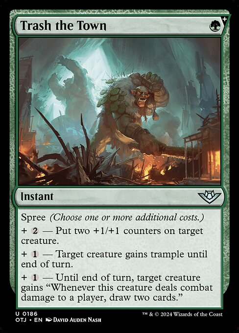 Spree (Choose one or more additional costs.)
+ {2} — Put two +1/+1 counters on target creature.
+ {1} — Target creature gains trample until end of turn.
+ {1} — Until end of turn, target creature gains "Whenever this creature deals combat damage to a player, draw two cards."