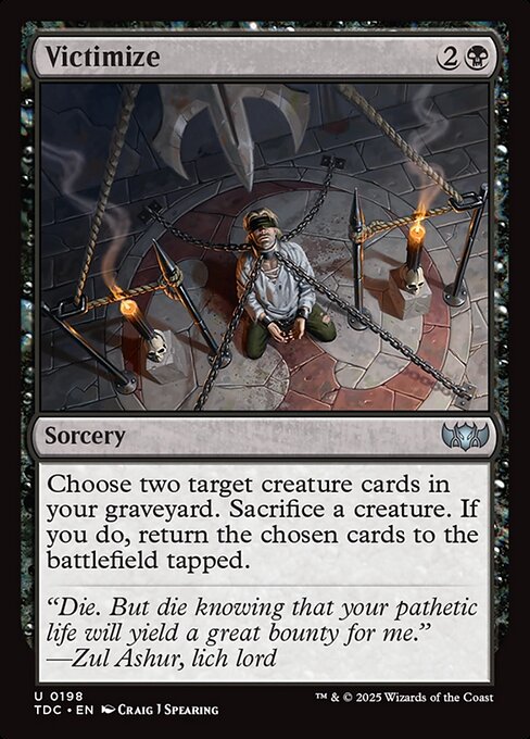 Choose two target creature cards in your graveyard. Sacrifice a creature. If you do, return the chosen cards to the battlefield tapped.