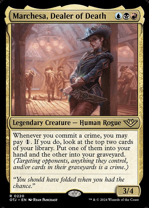 Whenever you commit a crime, you may pay {1}. If you do, look at the top two cards of your library. Put one of them into your hand and the other into your graveyard. (Targeting opponents, anything they control, and/or cards in their graveyards is a crime.)