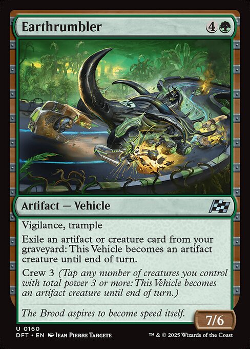 Vigilance, trample
Exile an artifact or creature card from your graveyard: This Vehicle becomes an artifact creature until end of turn.
Crew 3 (Tap any number of creatures you control with total power 3 or more: This Vehicle becomes an artifact creature until end of turn.)