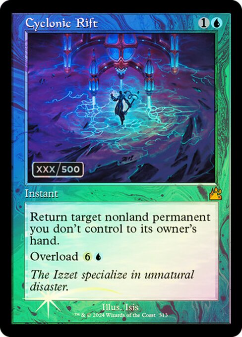 Return target nonland permanent you don't control to its owner's hand.
Overload {6}{U} (You may cast this spell for its overload cost. If you do, change "target" in its text to "each.")