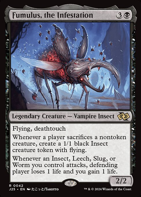 Flying, deathtouch
Whenever a player sacrifices a nontoken creature, create a 1/1 black Insect creature token with flying.
Whenever an Insect, Leech, Slug, or Worm you control attacks, defending player loses 1 life and you gain 1 life.