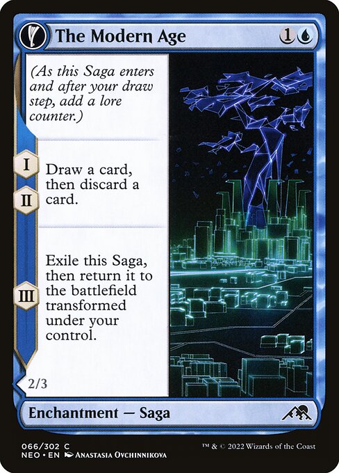(As this Saga enters and after your draw step, add a lore counter.)
I, II — Draw a card, then discard a card.
III — Exile this Saga, then return it to the battlefield transformed under your control.   Flying