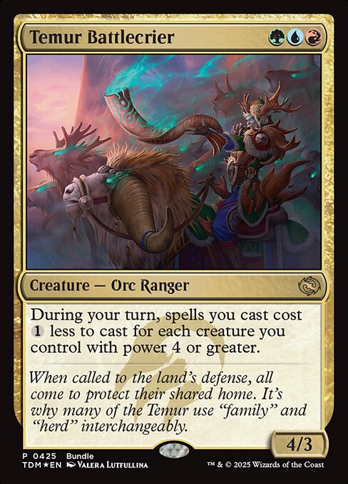During your turn, spells you cast cost {1} less to cast for each creature you control with power 4 or greater.