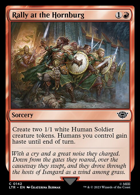 Create two 1/1 white Human Soldier creature tokens. Humans you control gain haste until end of turn.