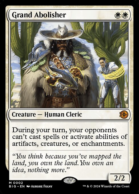 During your turn, your opponents can't cast spells or activate abilities of artifacts, creatures, or enchantments.