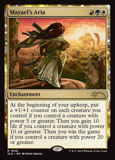 At the beginning of your upkeep, put a +1/+1 counter on each creature you control if you control a creature with power 5 or greater. Then you gain 10 life if you control a creature with power 10 or greater. Then you win the game if you control a creature with power 20 or greater.