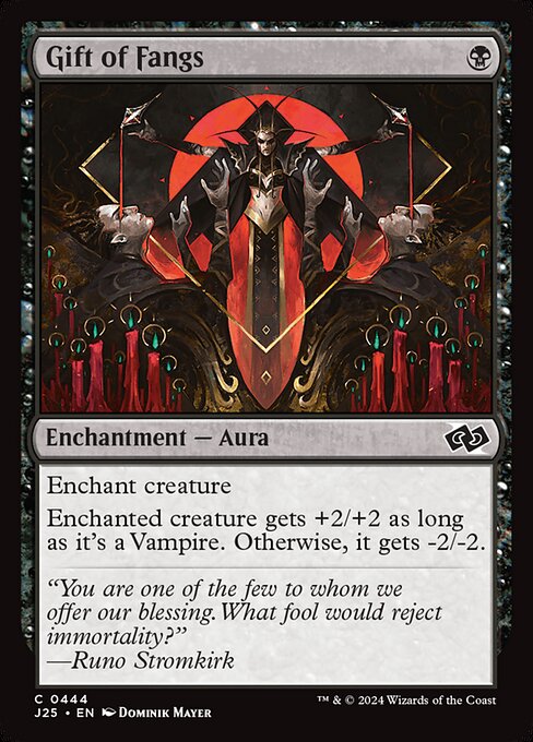 Enchant creature
Enchanted creature gets +2/+2 as long as it's a Vampire. Otherwise, it gets -2/-2.