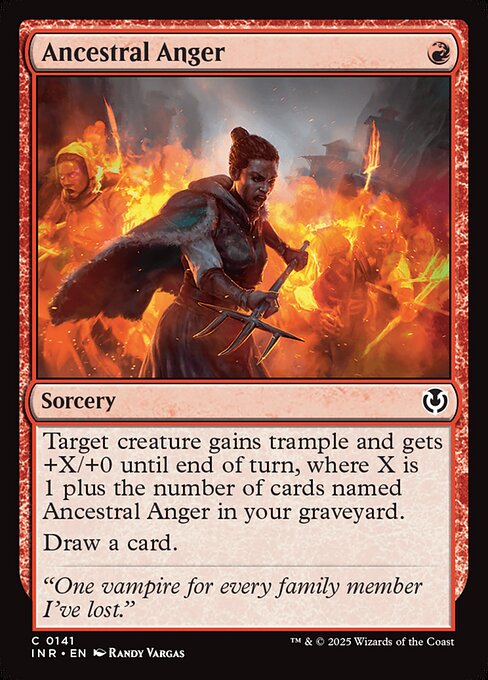 Target creature gains trample and gets +X/+0 until end of turn, where X is 1 plus the number of cards named Ancestral Anger in your graveyard. (A creature with trample can deal excess combat damage to the player or planeswalker it's attacking.)
Draw a card.