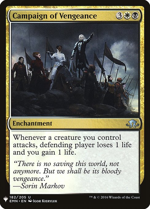 Whenever a creature you control attacks, defending player loses 1 life and you gain 1 life.