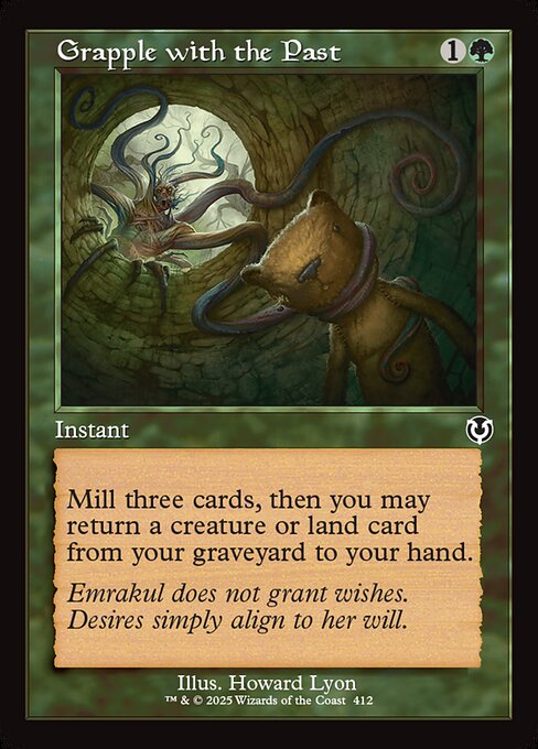 Mill three cards, then you may return a creature or land card from your graveyard to your hand. (To mill three cards, put the top three cards of your library into your graveyard.)