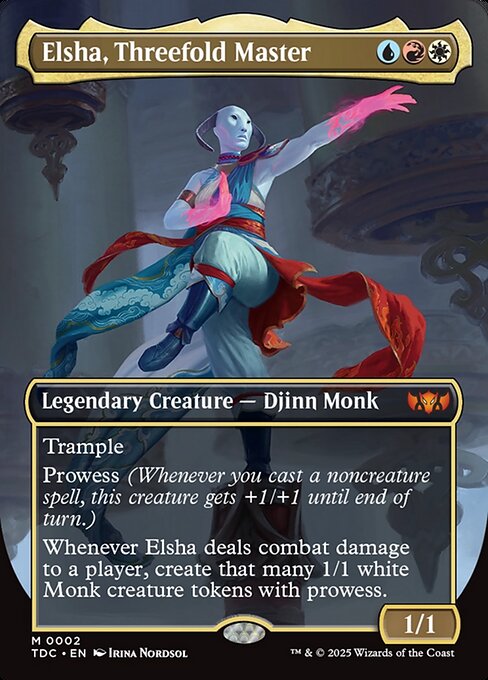 Trample
Prowess (Whenever you cast a noncreature spell, this creature gets +1/+1 until end of turn.)
Whenever Elsha deals combat damage to a player, create that many 1/1 white Monk creature tokens with prowess.