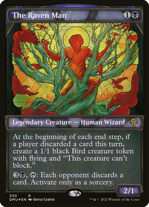 At the beginning of each end step, if a player discarded a card this turn, create a 1/1 black Bird creature token with flying and "This creature can't block."
{3}{B}, {T}: Each opponent discards a card. Activate only as a sorcery.