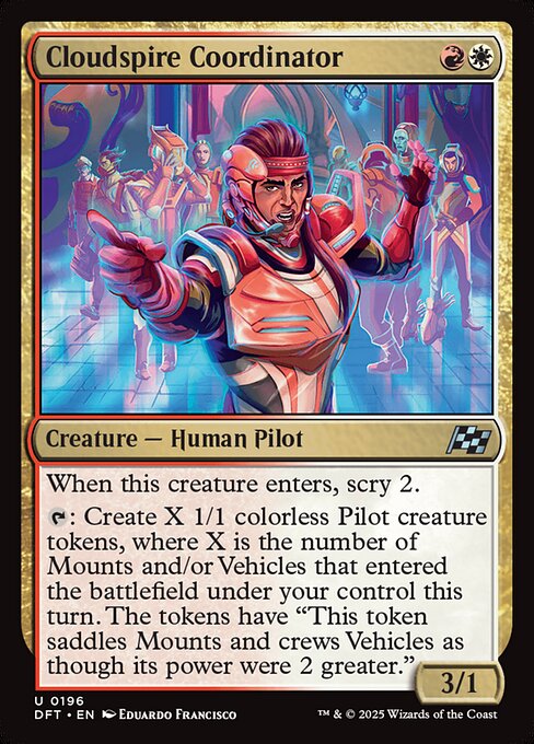 When this creature enters, scry 2.
{T}: Create X 1/1 colorless Pilot creature tokens, where X is the number of Mounts and/or Vehicles that entered the battlefield under your control this turn. The tokens have "This token saddles Mounts and crews Vehicles as though its power were 2 greater."