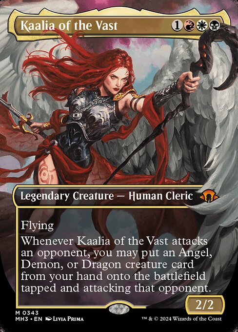 Flying
Whenever Kaalia of the Vast attacks an opponent, you may put an Angel, Demon, or Dragon creature card from your hand onto the battlefield tapped and attacking that opponent.