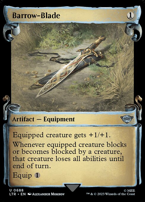 Equipped creature gets +1/+1.
Whenever equipped creature blocks or becomes blocked by a creature, that creature loses all abilities until end of turn.
Equip {1} ({1}: Attach to target creature you control. Equip only as a sorcery.)