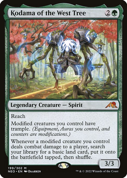 Reach
Modified creatures you control have trample. (Equipment, Auras you control, and counters are modifications.)
Whenever a modified creature you control deals combat damage to a player, search your library for a basic land card, put it onto the battlefield tapped, then shuffle.