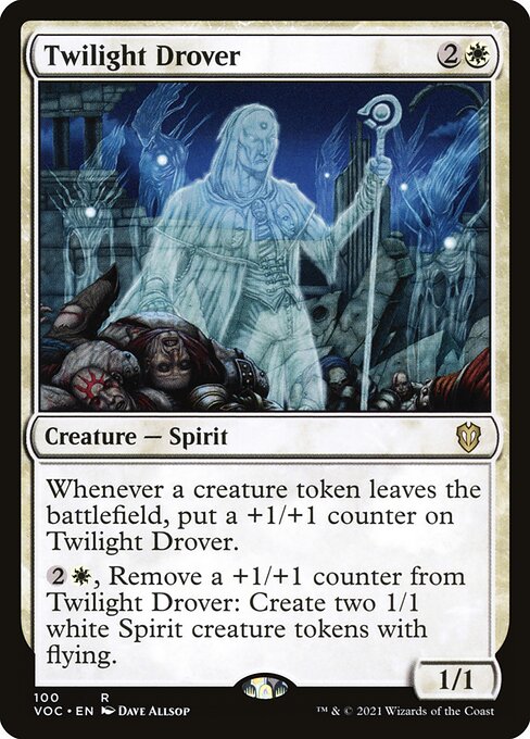 Whenever a creature token leaves the battlefield, put a +1/+1 counter on Twilight Drover.
{2}{W}, Remove a +1/+1 counter from Twilight Drover: Create two 1/1 white Spirit creature tokens with flying.