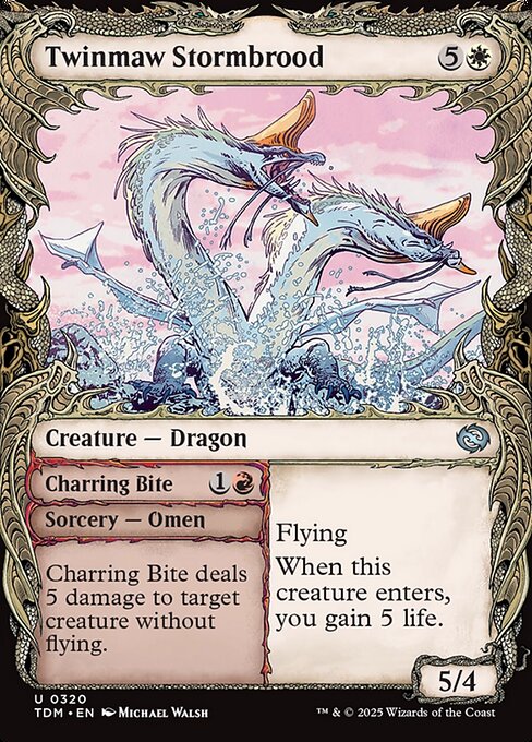 Flying
When this creature enters, you gain 5 life.   Charring Bite deals 5 damage to target creature without flying. (Then shuffle this card into its owner's library.)