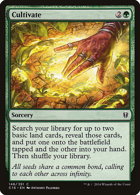 Search your library for up to two basic land cards, reveal those cards, put one onto the battlefield tapped and the other into your hand, then shuffle.