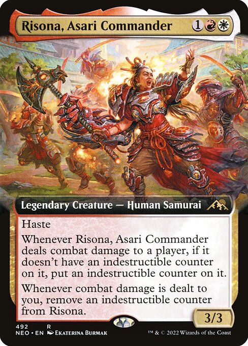 Haste
Whenever Risona, Asari Commander deals combat damage to a player, if it doesn't have an indestructible counter on it, put an indestructible counter on it.
Whenever combat damage is dealt to you, remove an indestructible counter from Risona.