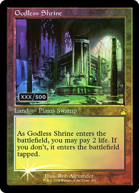 ({T}: Add {W} or {B}.)
As Godless Shrine enters, you may pay 2 life. If you don't, it enters tapped.