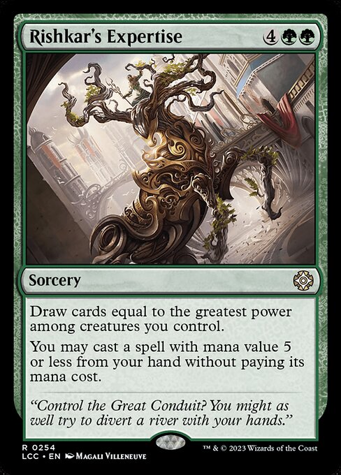 Draw cards equal to the greatest power among creatures you control.
You may cast a spell with mana value 5 or less from your hand without paying its mana cost.
