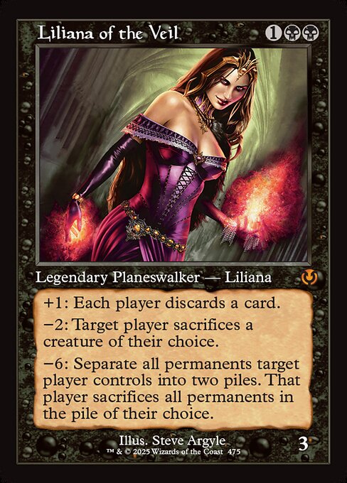 +1: Each player discards a card.
−2: Target player sacrifices a creature.
−6: Separate all permanents target player controls into two piles. That player sacrifices all permanents in the pile of their choice.