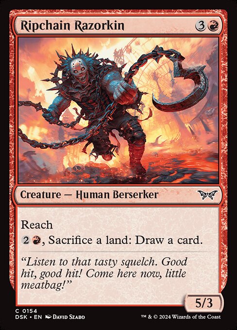 Reach
{2}{R}, Sacrifice a land: Draw a card.