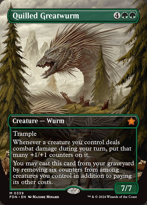 Trample
Whenever a creature you control deals combat damage during your turn, put that many +1/+1 counters on it. (It must survive to get the counters.)
You may cast this card from your graveyard by removing six counters from among creatures you control in addition to paying its other costs.
