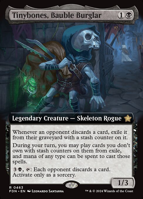 Whenever an opponent discards a card, exile it from their graveyard with a stash counter on it.
During your turn, you may play cards you don't own with stash counters on them from exile, and mana of any type can be spent to cast those spells.
{3}{B}, {T}: Each opponent discards a card. Activate only as a sorcery.