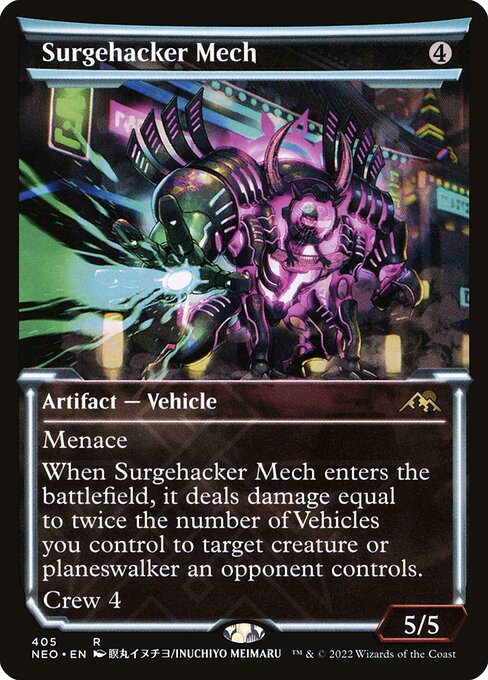 Menace
When Surgehacker Mech enters the battlefield, it deals damage equal to twice the number of Vehicles you control to target creature or planeswalker an opponent controls.
Crew 4